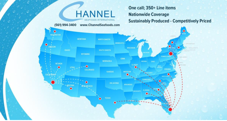 infographic of what Channel Seafood nationwide coverage of the USA, with the map of the USA in blue.