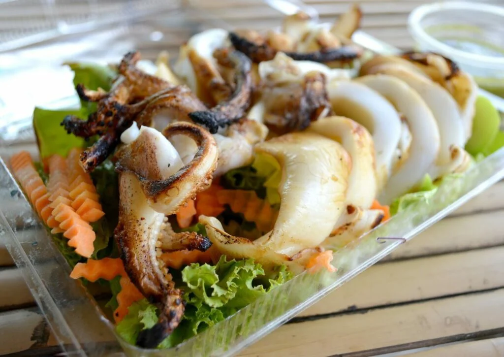 A Plate of Grilled squid and vegetable