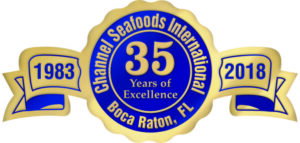Channel Seafoods International 25 years blue and gold seal.