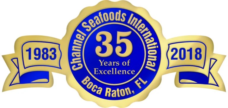 Channel Seafoods International 25 years blue and gold seal.