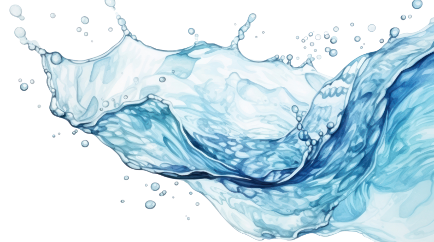 watercolor illustration of a blue water waves with water droplets