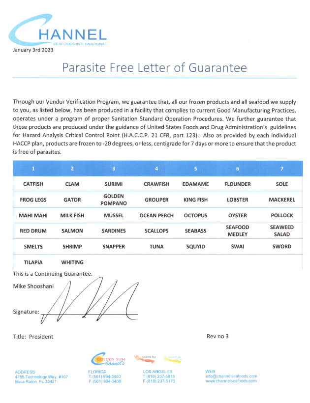 letter about parasite free guarantee