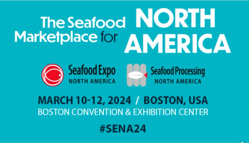 bright aqua blue poster of the Seafood Expo March 10-12